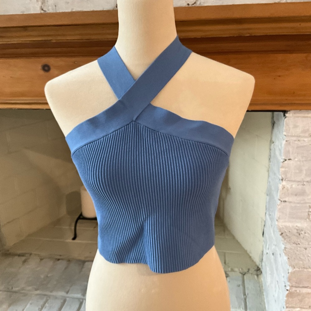 Babaton Blue Cross-Shoulder Ribbed Crop Top